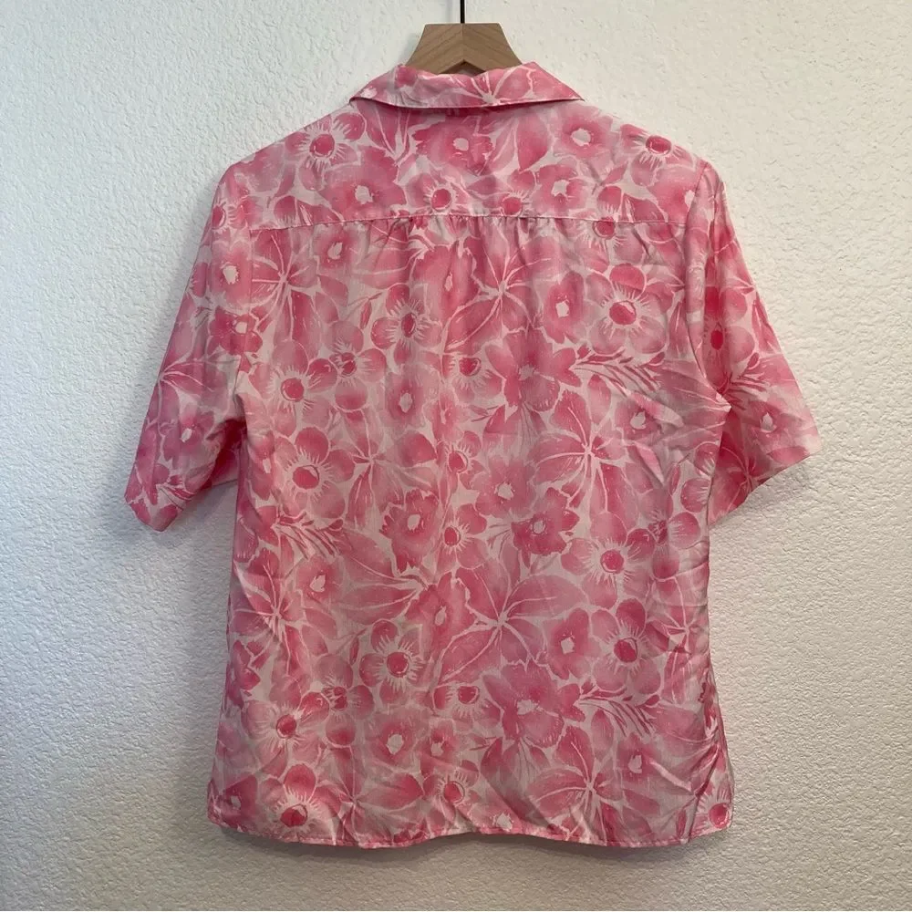 Vintage Pykettes Hawaiian Floral Pink White Button Up Large Tropical